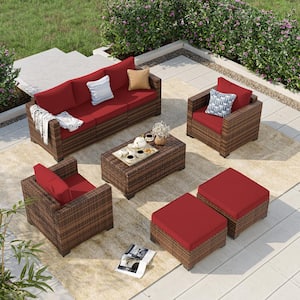 7-Seat 6-Piece Rattan Wicker Outdoor Patio Conversation Sectional Deep Seating Sofa Set with Red Cushions, Storage Box