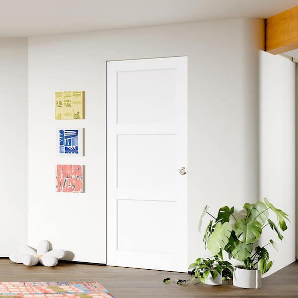 28 in. x 80 in. Solid Wood & MDF, Pre-assembled, White Primed, 3-Panel Interior Door Slab with Silver Sphere Doorknob
