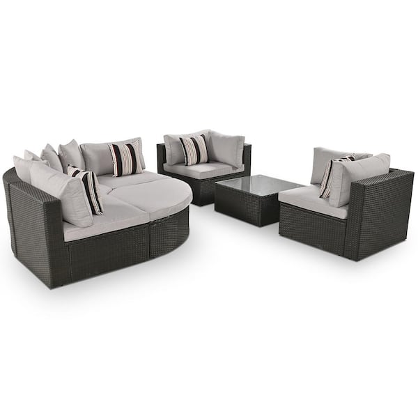 Unbranded 7-Piece Wicker Outdoor Sectional Set Patio Conversation Sofa with Gray Thick Cushion, Ottoman and Coffee Table