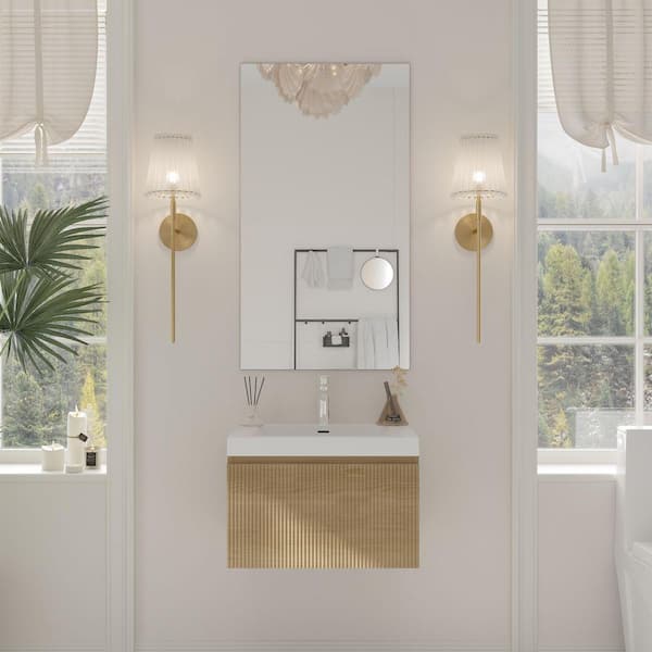 24 in. Wall-Mounted Bath Vanity Floating Bathroom Storage Cabinet in Natural Oak with Glossy White Stone Resin Top