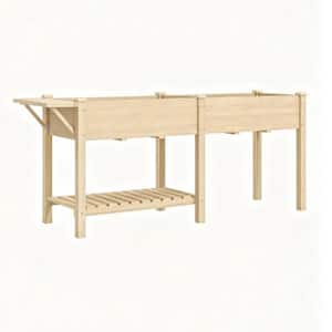 Brown Wood Elevated Raised Garden Bed w/Side Table, Bottom Shelf, Bed Liner, Drainage Hole (82 in. Lx24 in. Wx 31 in. H)