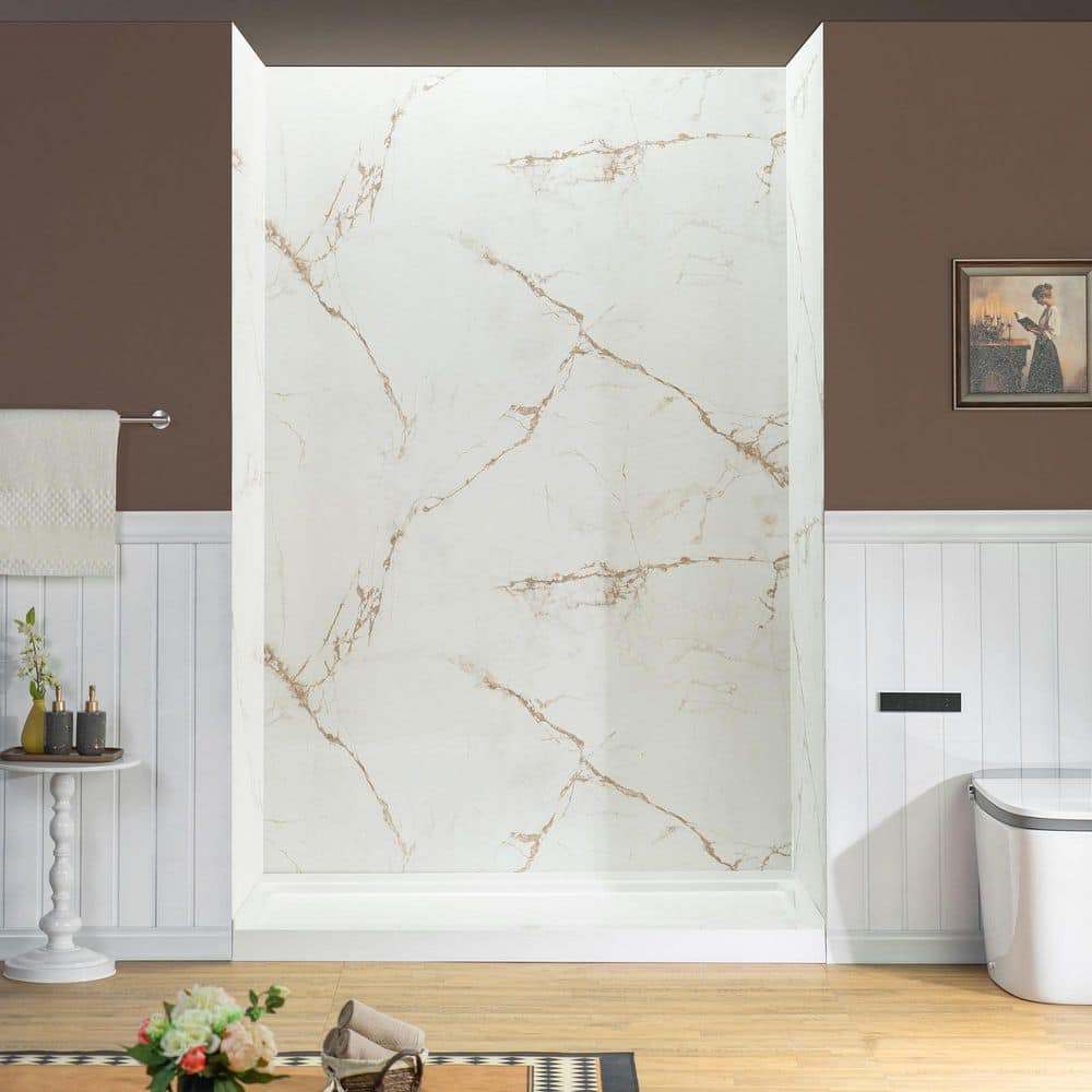 32 in. x 60 in. x 96 in. 3-Piece Easy Glue Up Alcove Shower Wall Surround in Beige Marble with Soft Brown Veining price history on PriceWatchPro