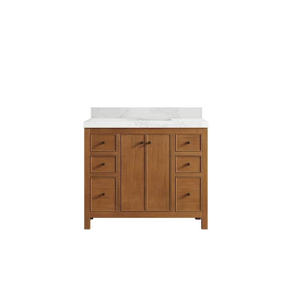 Willow Collections Chicago Veneer 42 in. Single Sink Freestanding Dark Natural Bath Vanity with Calacatta Nuvo Qt. Top Unassembled