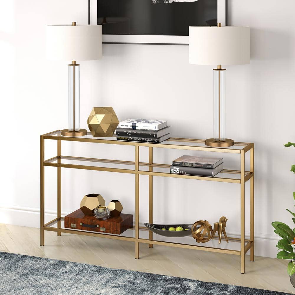 Sivil 55" Bronze and Brass Metal with Glass Console Table