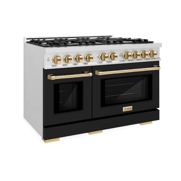 Autograph 48 in. Select Double Oven Dual Fuel Range with 8 Burners in Satin Steel with Black Doors and Gold Accents
