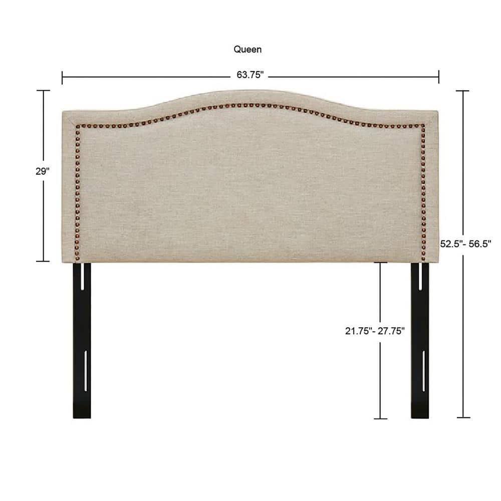Beige Queen Upholstered Headboard with Nailhead Trim