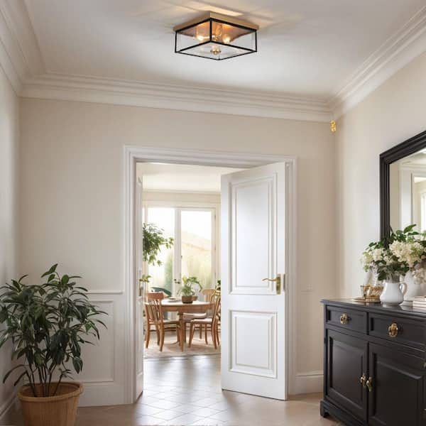 Modern 12 in. 3-Light Dark Gold Flush Mount Ceiling Light with Square Seeded Glass, Black Bedroom Ceiling Light Fixtures