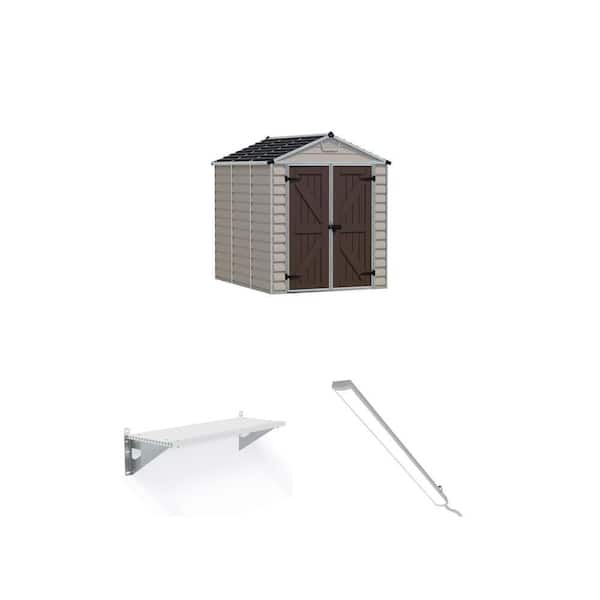 SkyLight 6 ft. x 8 ft. Tan Garden Shed, Shelf Kit and LED Lighting Kit Combo