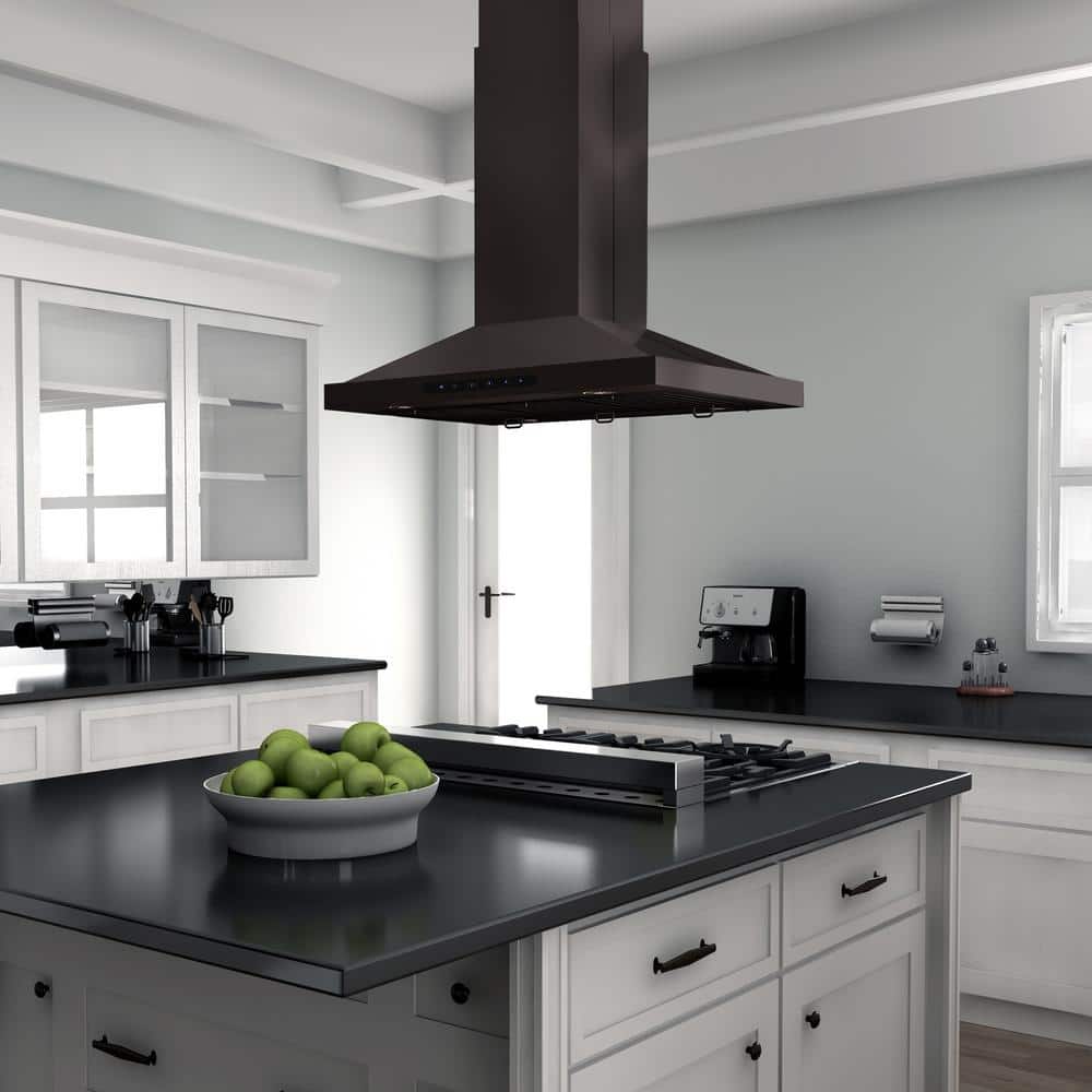48-Inch Black Stainless Steel Island Range Hood with LED Lighting