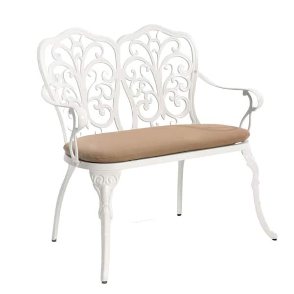 34.6 in. 2-Person Metal Outdoor Bench with Brown Cushion, Patio Bench with Floral Rose for Park, Lawn, Yard in White