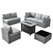 Messi Gray 8-Piece Wicker Outdoor Patio Conversation Sectional Sofa Set with a Metal Fire Pit and Dark Gray Cushions