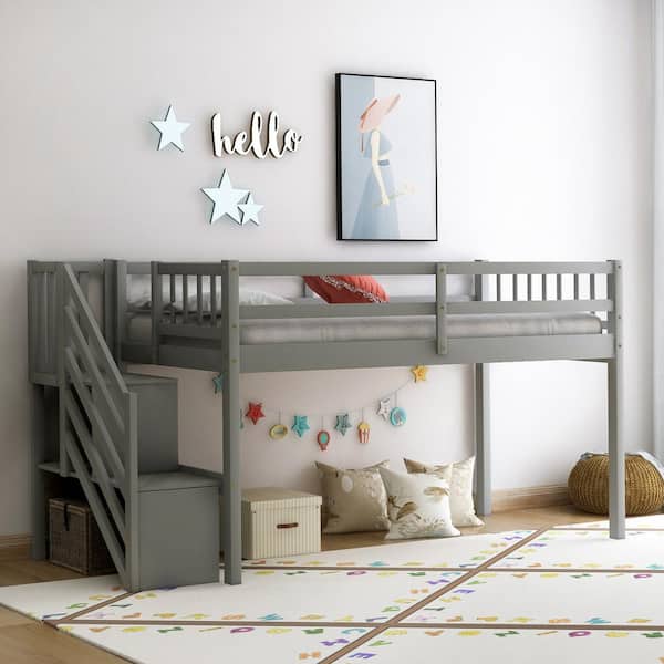 Seafuloy 90.6 in. W Gray MDF and Pine Wood Twin Size Floor Loft Bed with Ladder and Storage