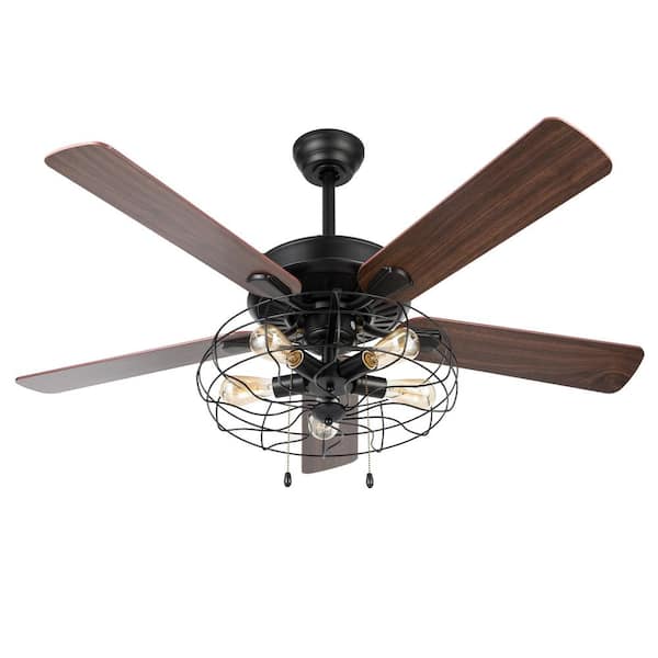 Merra 52 In Walnut Cage Ceiling Fan With 5 Lights Reversible Blades Cfn 3309 Bk Bnhd 1 The Home Depot Merra 52 In Walnut Cage Ceiling Fan, Industrial Cage Ceiling Fan With Light