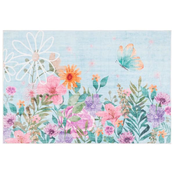 Door And Kitchen Mat Aqua/Pink 4 ft. x 6 ft. Machine Washable Floral Garden Area Rug