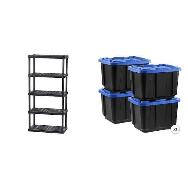 5-Tier Garage Shelving Unit, Black (18 in. x 74 in. x 36 in.) and 11.5 Gal. Stackable Storage Totes, Black-Blue (8-Pack)