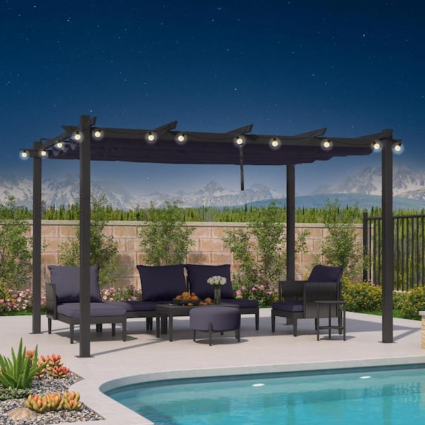 PURPLE LEAF 10 ft. x 13 ft. Gray Aluminum Frame Pergola with Navy Blue Retractable Sun Shade Canopy Extra Roof and String Lights