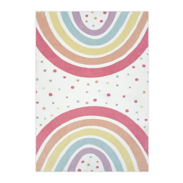 Rainbow Polka Dot Washable Non-Slip Colorful Pink 5 ft. x 7 ft. Kid Area Rug