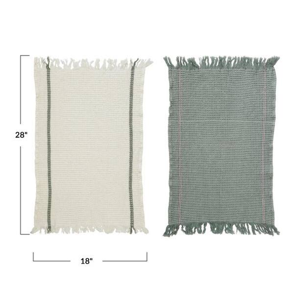 Grey, White, Green Striped Tea Towel Set, Set of 2 Tea towels