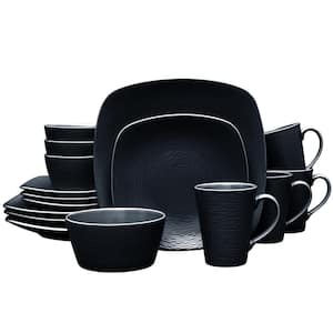 Colorscapes Black-on-Black Swirl 16-Piece (Black) Porcelain Square Dinnerware Set, Service for 4