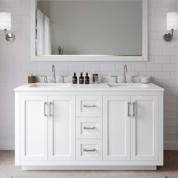 Wyndham Collection Miranda 60 in. W x 22 in. D x 33.75 in. H Double Bath Vanity in White with White Quartz Top and 58 in. Mirror