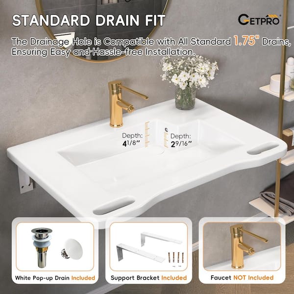 31.5 in Wall-Mounted ADA Compliant Barrier-Free Rectangular Bathroom Sink Lavatory Vessel Ceramic Sink in Glossy White