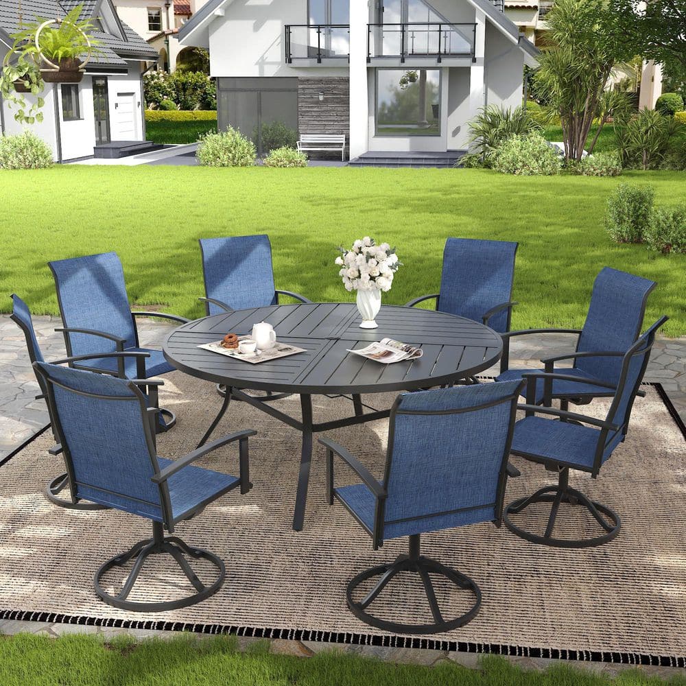 9-Piece Metal Outdoor Dining Set with 63 in. Black Round Dining Table and 8 Blue Textilene Swivel Patio Chairs price history on PriceWatchPro