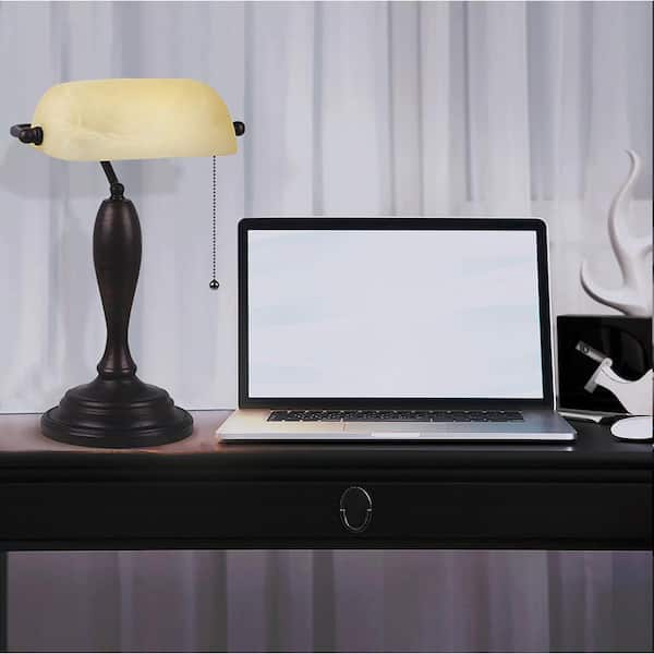 Tensor 17.75 in. Bronze Banker's Desk Lamp with Alabaster Amber Shade  17389-005 - The Home Depot