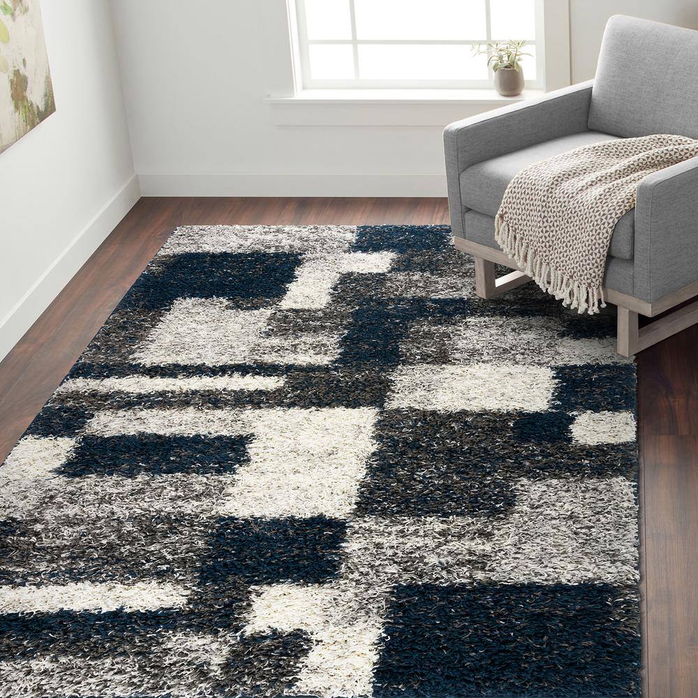 Navy and Gray Rectangular Synthetic Shag Area Rug 7'10" x 10'