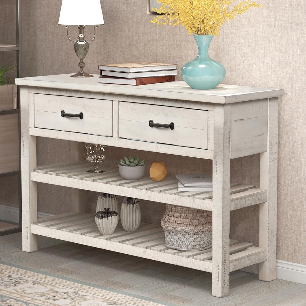 Harper Bright Designs 45 In White Standard Rectangle Wood Console Table With Drawers And 2 Shelves Wf187820aak The Home Depot