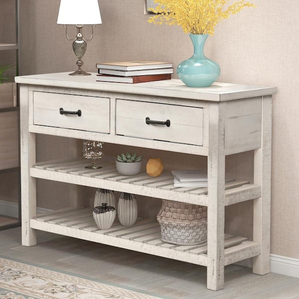 Harper Bright Designs 45 In White, Sofa Table With Shelves And Drawers