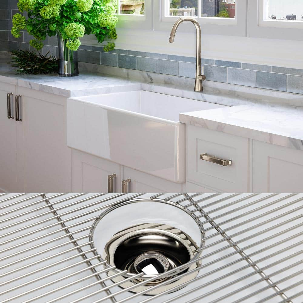 Luxury White Solid Fireclay 33 in. Single Bowl Farmhouse Apron Kitchen Sink with Polished Nickel Accs and Flat Front -  Fossil Blu, WHS1002PN