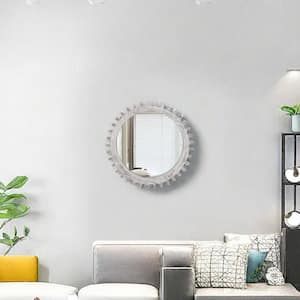 17 in. L x 17 in. W Gear-Shaped Vintage Solid Wood Framed Wall-Mount Bathroom Vanity Mirror in White Washed