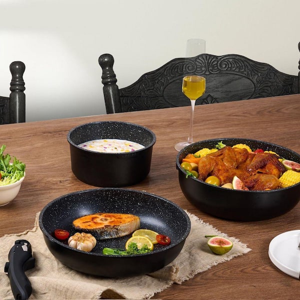 JFVKAF 25-Piece Black Nonstick Cookware Set with Removable Handle