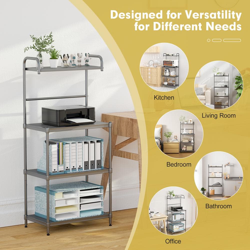 Adjustable 4-Tier Black Iron Microwave Oven Stand with Wire Shelves