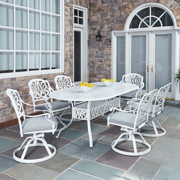 HOMESTYLES Capri White 7-Piece Cast Aluminum Oval Outdoor Dining Set with Gray Cushions