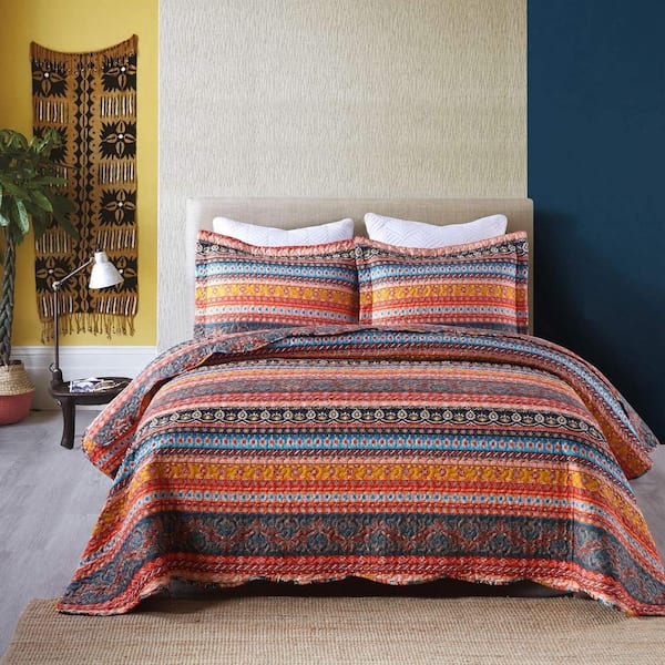 B012 Printed 3-Piece Orange Red/Multi Bohemian Striped Polyester King Quilt Set