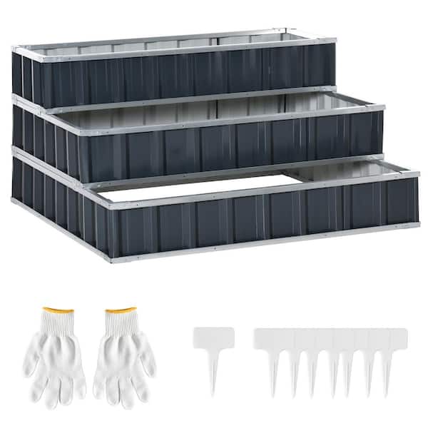 Outsunny 47 in. W x 47 in. D x 25 in. H Grey Steel Garden Bed 3-Tier Raised A Pairs of Glove for Backyard