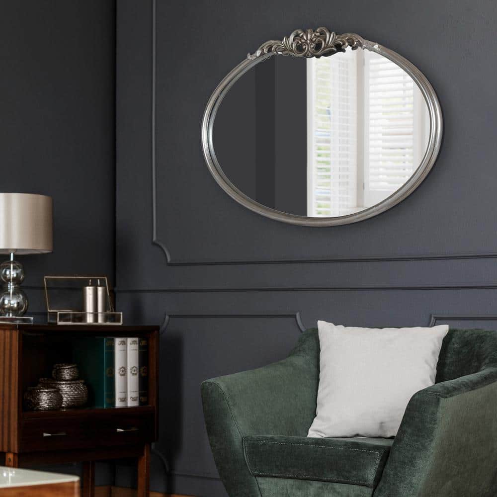 Oval Silver Wood Vanity Mirror with Intricate Metal Crown