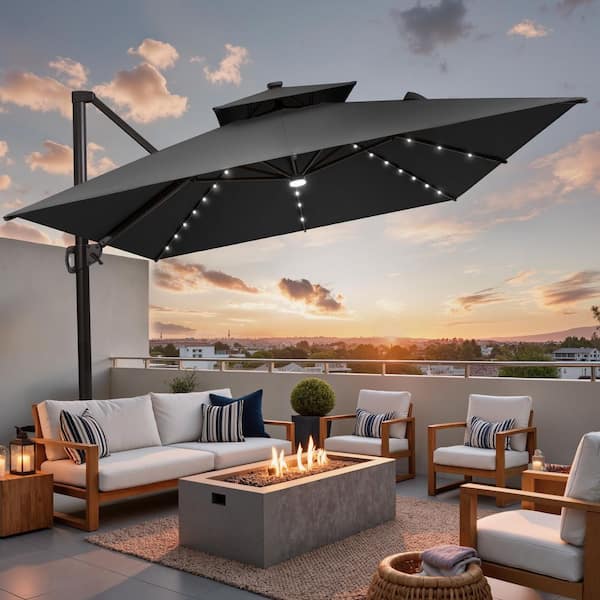 Pellebant Double Top 11 ft. x 9 ft. Rectangular 360° Rotation Solar LED Lighted Cantilever Patio Umbrella in Black