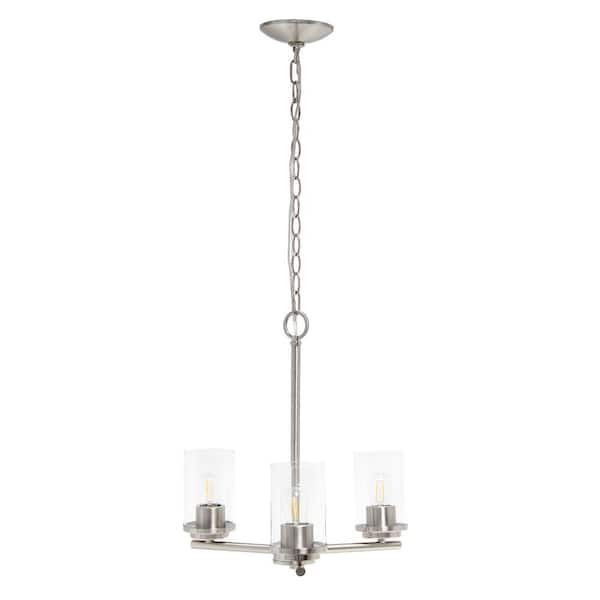 Elegant Designs 15 in. 3-Light Brushed Nickel Traditional Vintage Modern Industrial Metal and Clear Glass Hanging Pendant Light
