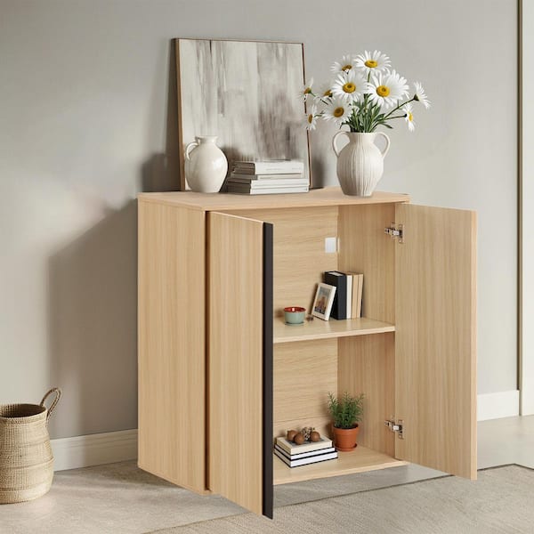 Nathan Oak Industrial Style Wood Sideboard Buffet with Angular Design, Beveled Edges, Metal Accents, Soft-Close Hinges