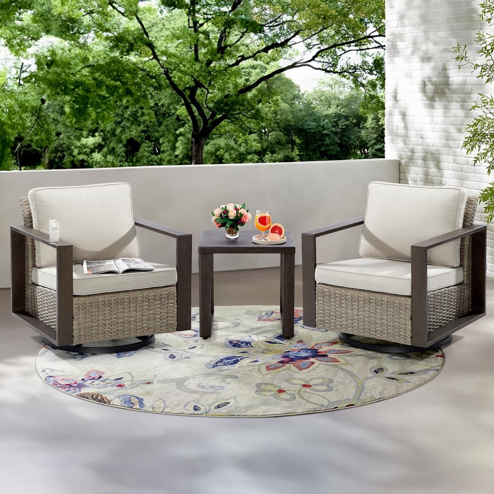 JOYSIDE 3-Piece Wicker Swivel Outdoor Rocking Chairs Patio Conversation Set with Metal Frame and Beige Cushions M28M30-BGE-THD