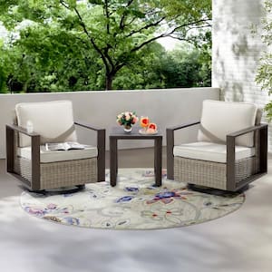 3-Piece Wicker Swivel Outdoor Rocking Chairs Patio Conversation Set with Metal Frame and Beige Cushions