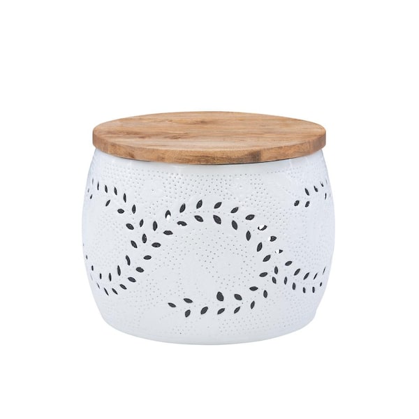 Linon Home Decor Aaliyah White Metal 22.5 in. Round 16 in. H Storage Drum Table with Mango Wood Top