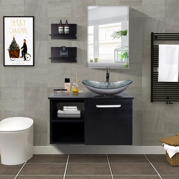 28 in. W x 19 in. D x 16 in. H Single Sink Black Bath Vanity with Silver Solid Surface Top Sink and Mirror