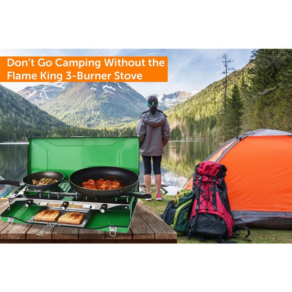 Green 3-Burner Portable Gas Camping Stove with Toast Tray
