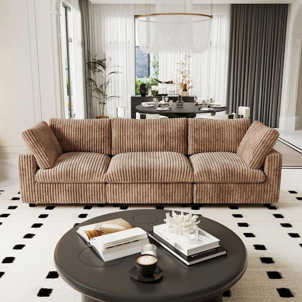 118 in. Square Arm 3-Piece Soft Faux Rabbit Fur Velvet Modular Sectional Sofa Cloud Couch in. Brown