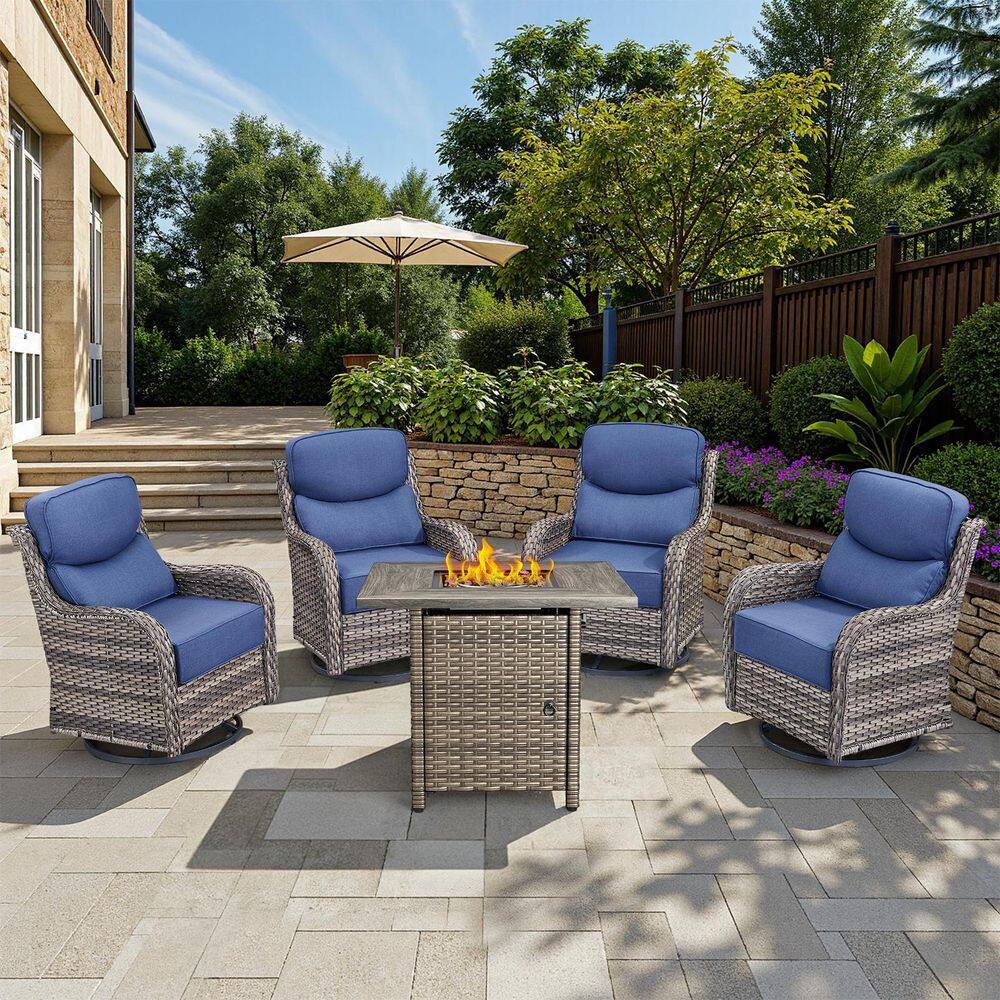 Arcadia Gray 5-Piece Wicker Patio Fire Pit Set, 4-Person Seating Set with Olefin Navy Blue Cushions and Swivel Gliders price history on PriceWatchPro