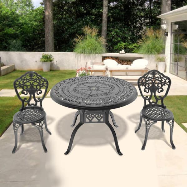 Justincity 3-Piece Aluminum Outdoor Dining Set, Black Patio Dining Furniture Set with Umbrella Hole
