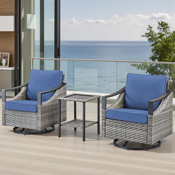 3-Piece Wicker Patio Conversation Outdoor Rocking Chairs, Swivel Chairs Set with Blue Cushions